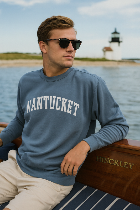 Man wearing a blue 'Nantucket' sweatshirt on a boat with a lighthouse in the background